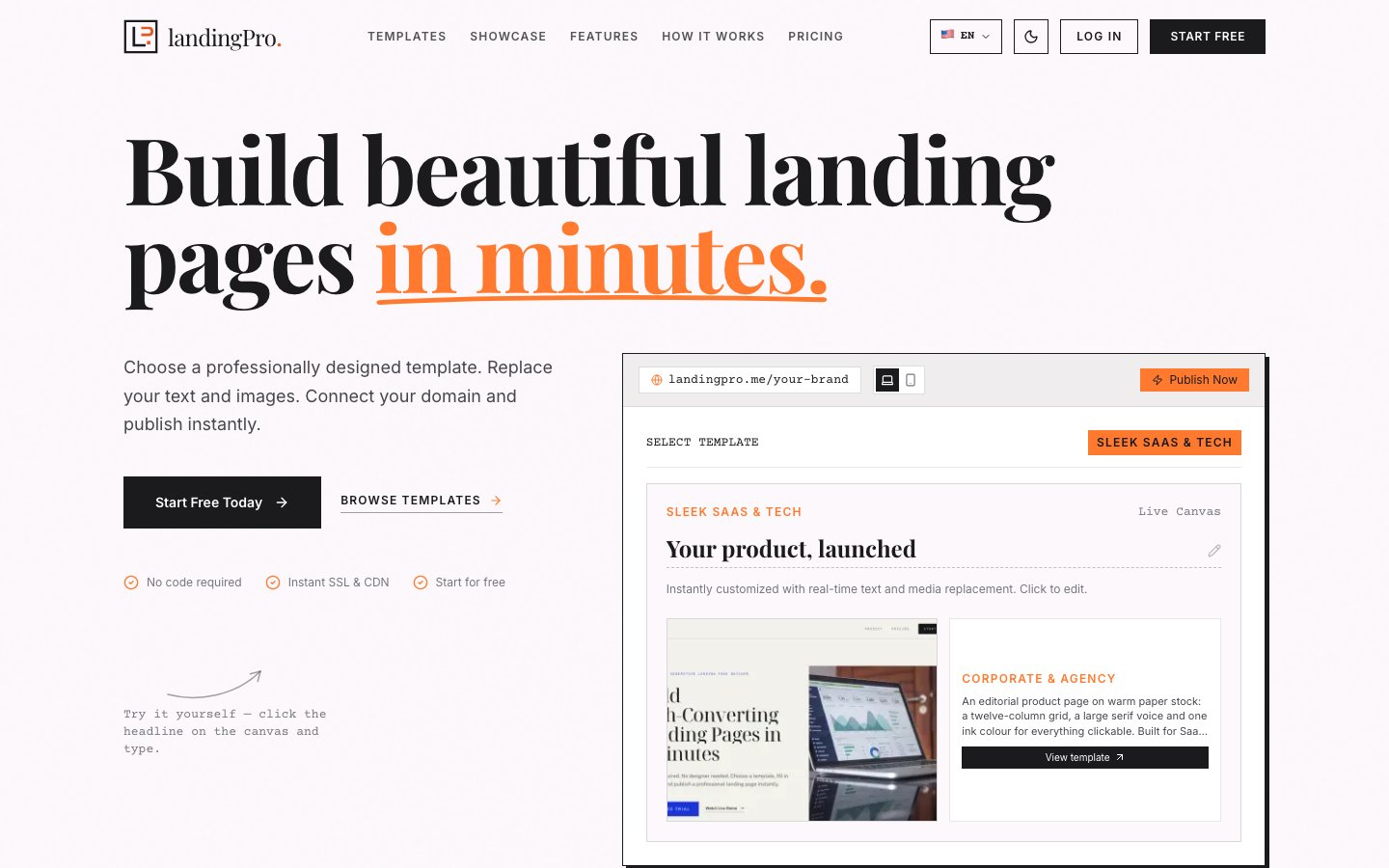 The LandingPro homepage with its live template canvas