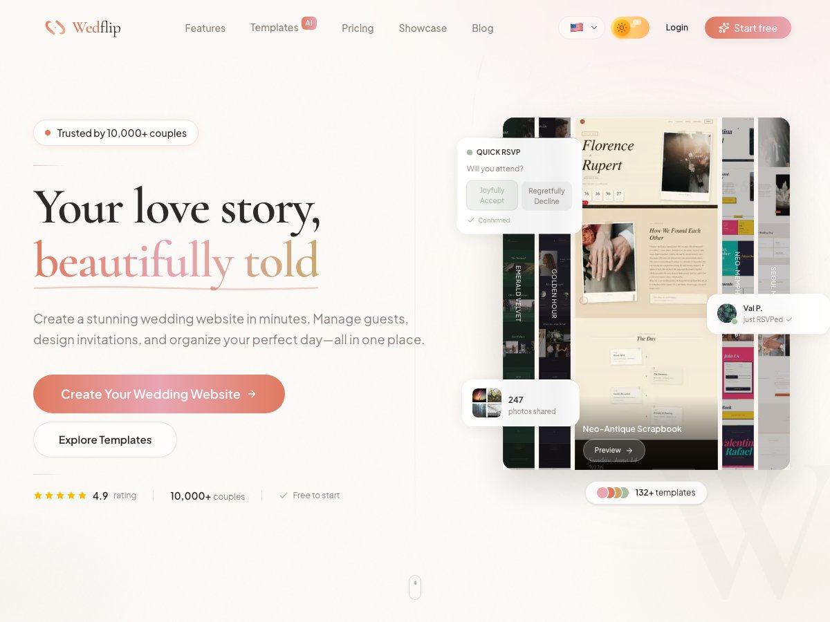 The Wedflip homepage with its wedding-template gallery